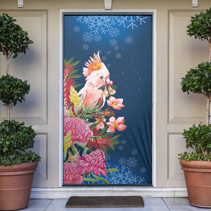 Australia Christmas Pink Cockatoo with Banksia Door Cover Snowy Blue