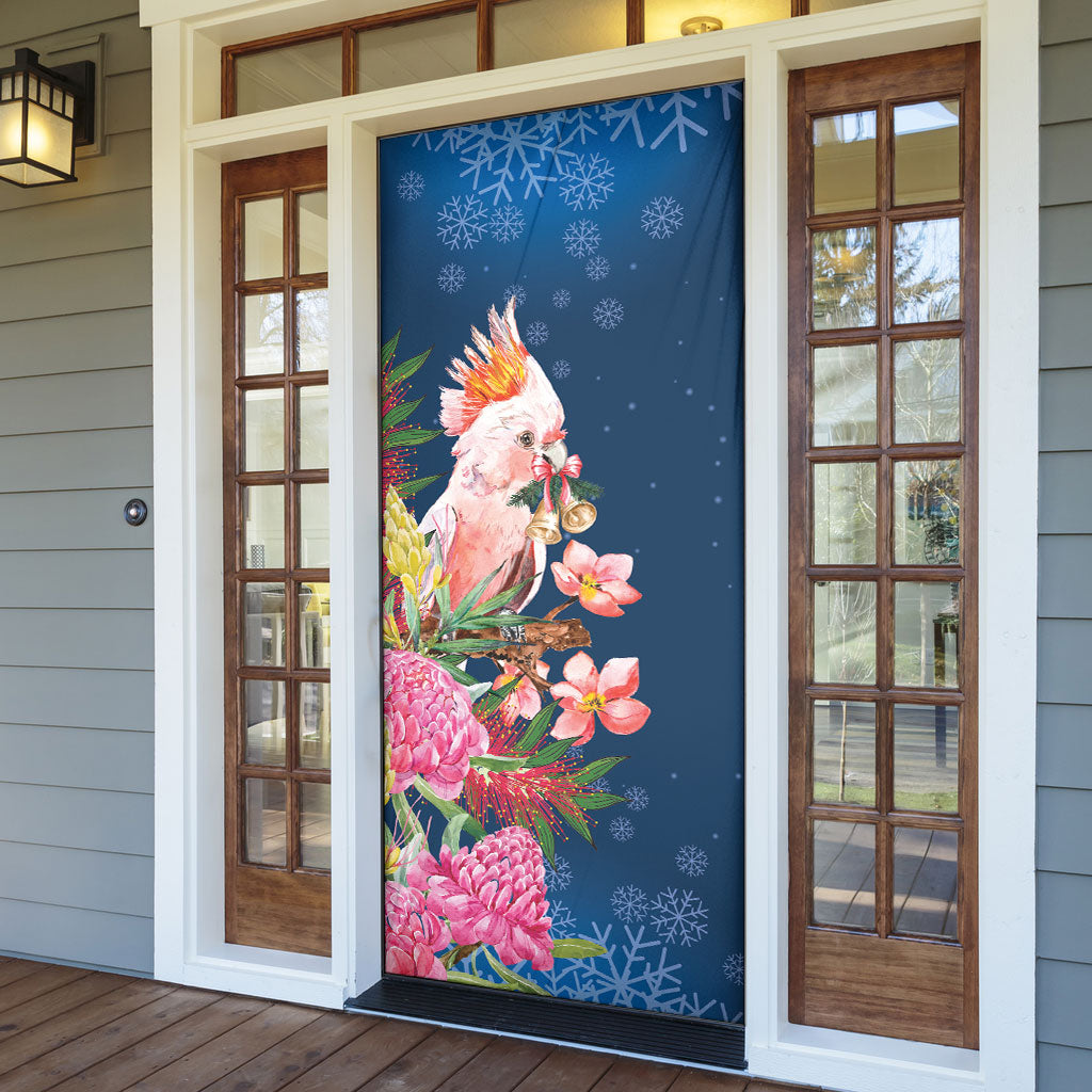 Australia Christmas Pink Cockatoo with Banksia Door Cover Snowy Blue