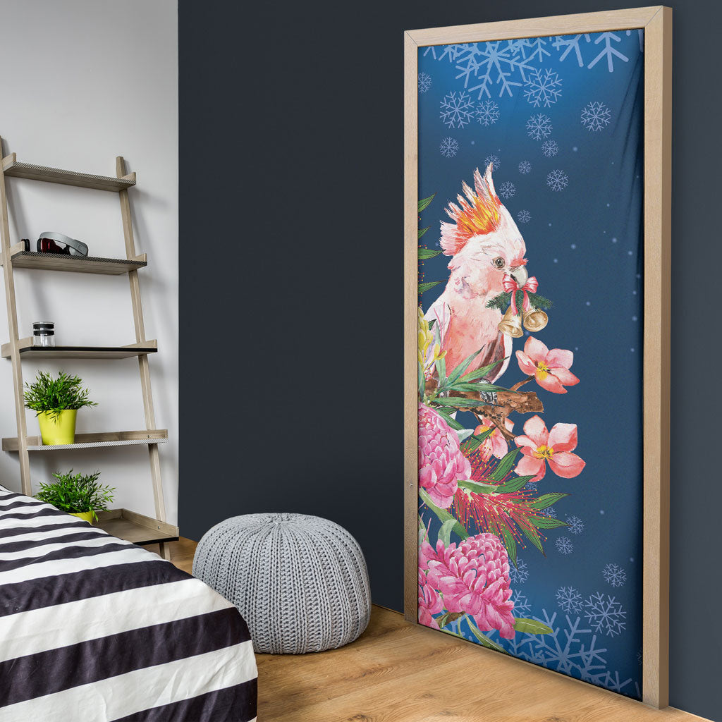 Australia Christmas Pink Cockatoo with Banksia Door Cover Snowy Blue