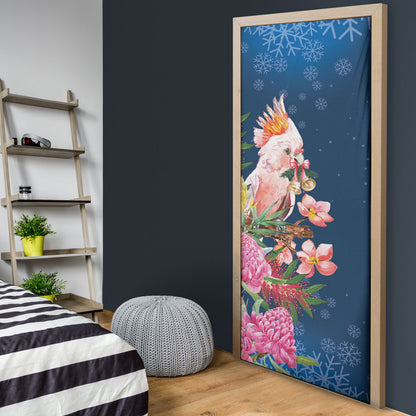 Australia Christmas Pink Cockatoo with Banksia Door Cover Snowy Blue