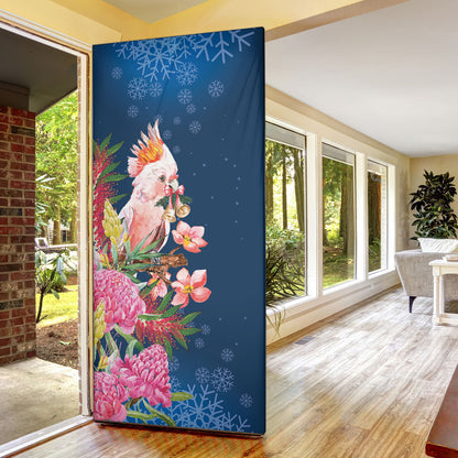 Australia Christmas Pink Cockatoo with Banksia Door Cover Snowy Blue
