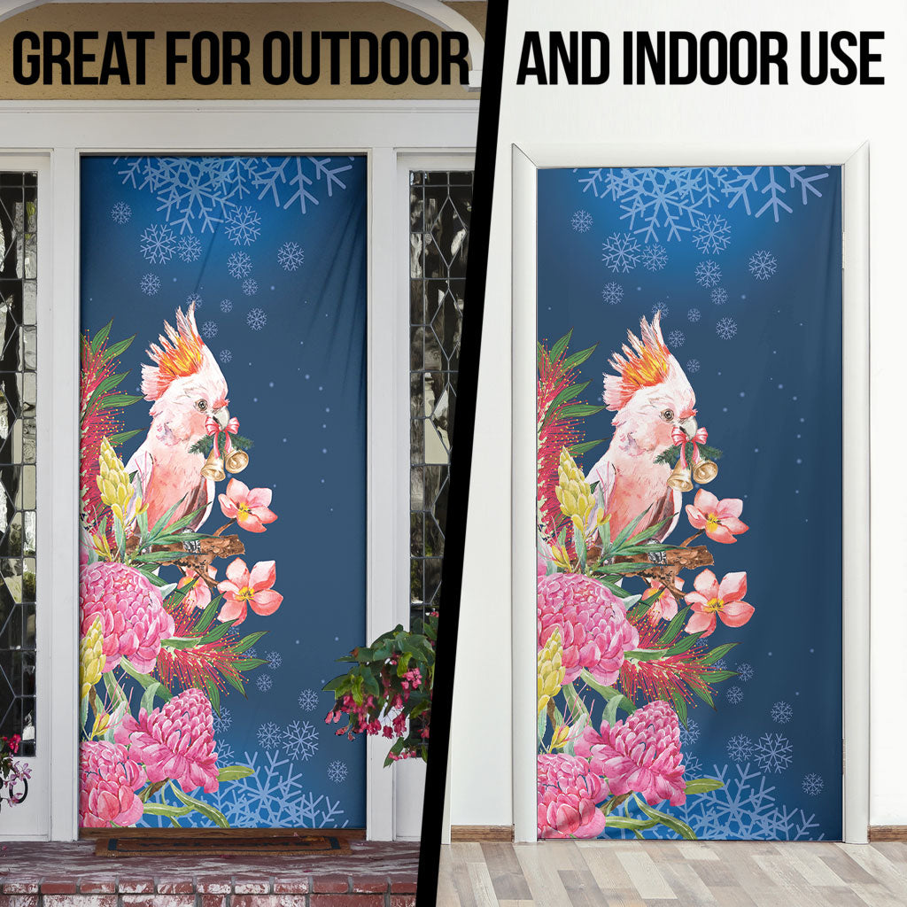 Australia Christmas Pink Cockatoo with Banksia Door Cover Snowy Blue
