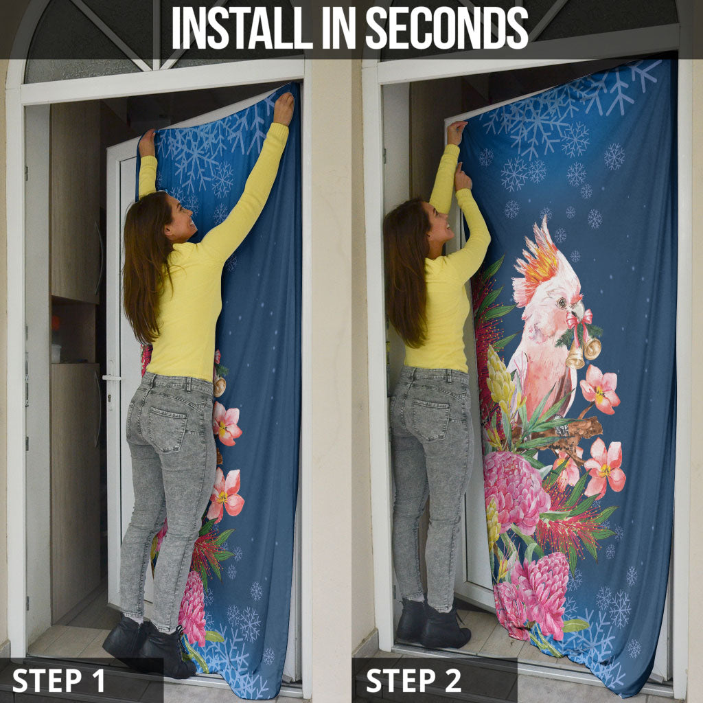 Australia Christmas Pink Cockatoo with Banksia Door Cover Snowy Blue