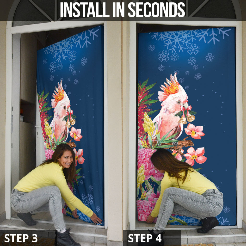 Australia Christmas Pink Cockatoo with Banksia Door Cover Snowy Blue