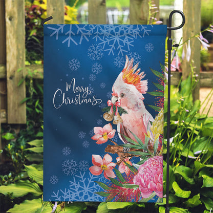 Australia Christmas Pink Cockatoo with Banksia Garden Flag Snowy Blue
