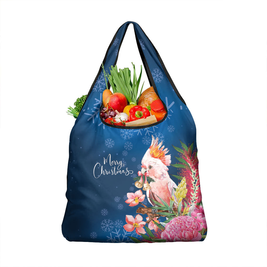 Australia Christmas Pink Cockatoo with Banksia Grocery Bag Snowy Blue