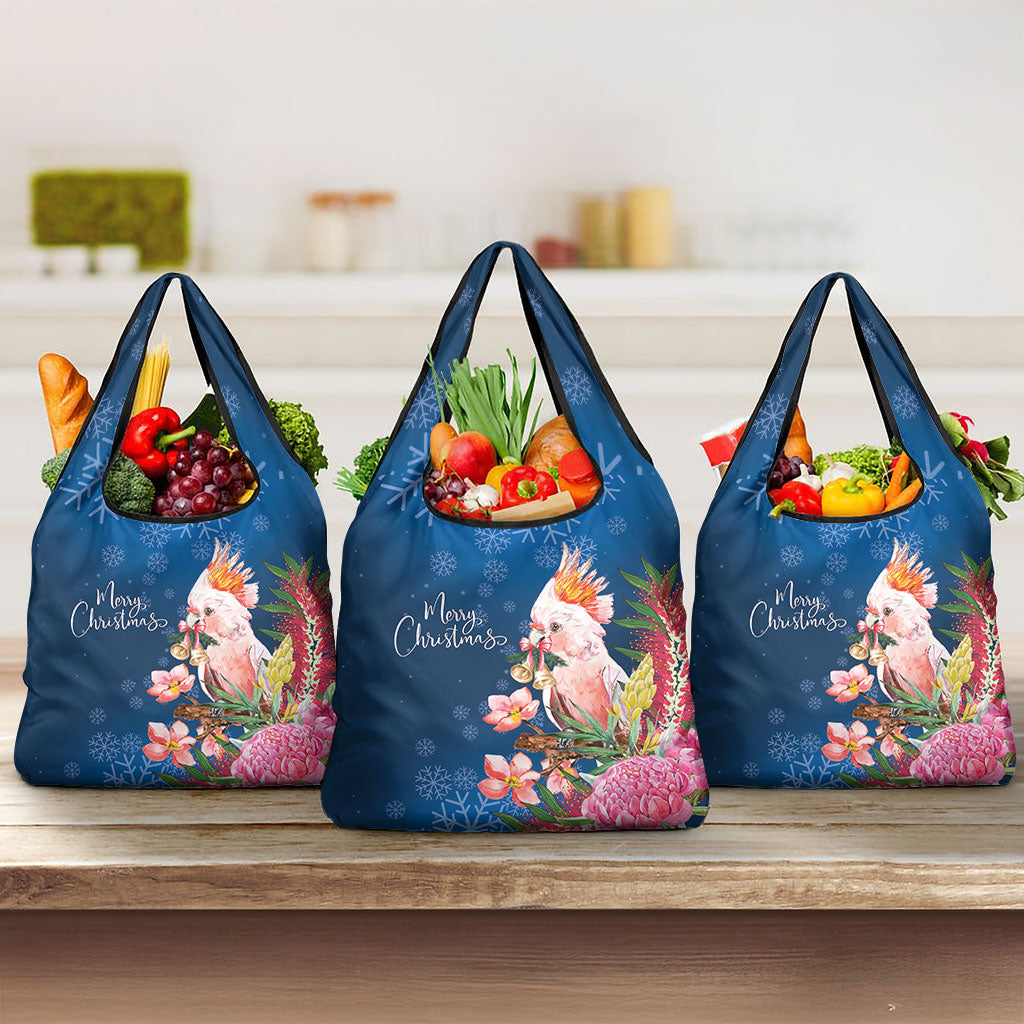 Australia Christmas Pink Cockatoo with Banksia Grocery Bag Snowy Blue