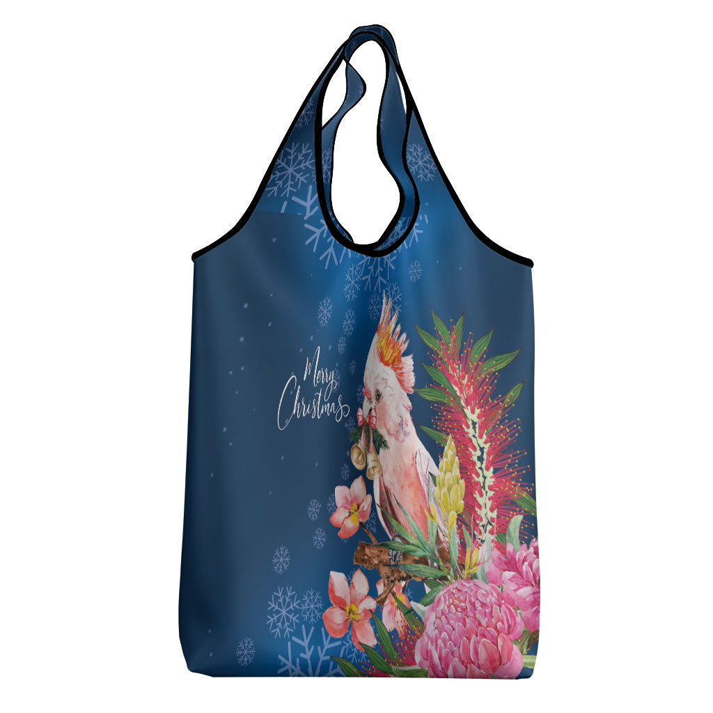 Australia Christmas Pink Cockatoo with Banksia Grocery Bag Snowy Blue