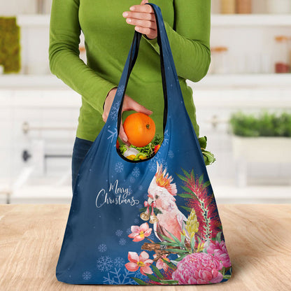 Australia Christmas Pink Cockatoo with Banksia Grocery Bag Snowy Blue