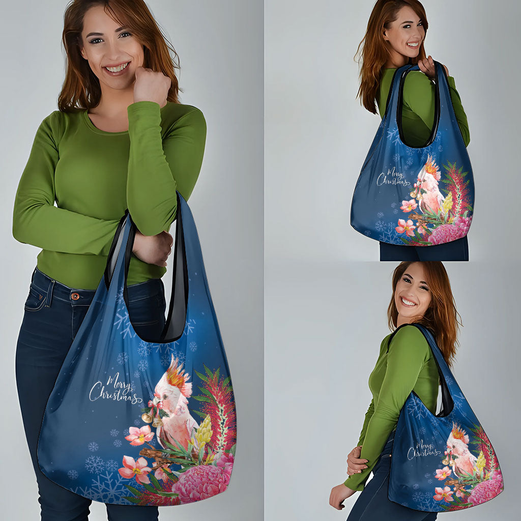 Australia Christmas Pink Cockatoo with Banksia Grocery Bag Snowy Blue