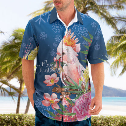 Australia Christmas Pink Cockatoo with Banksia Hawaiian Shirt Snowy Blue