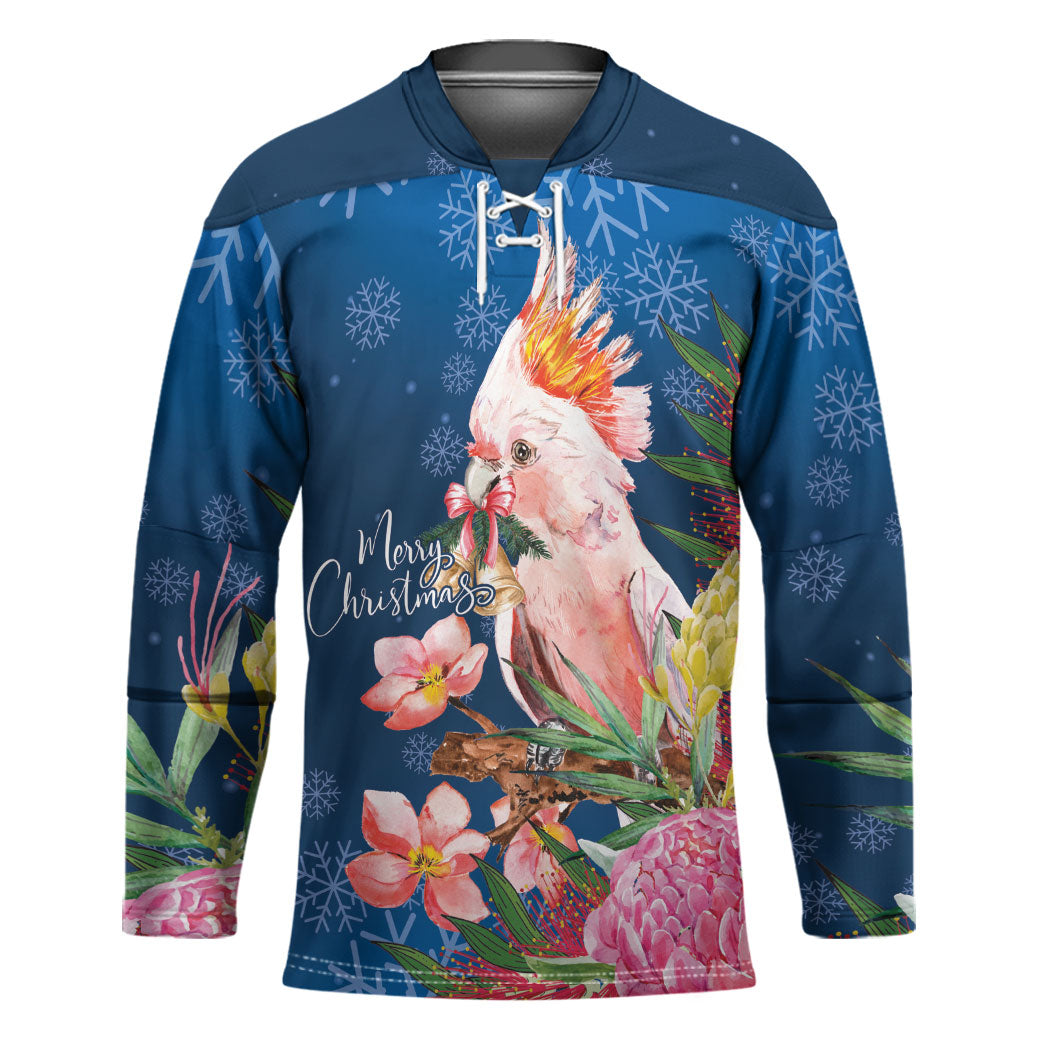Australia Christmas Pink Cockatoo with Banksia Hockey Jersey Snowy Blue