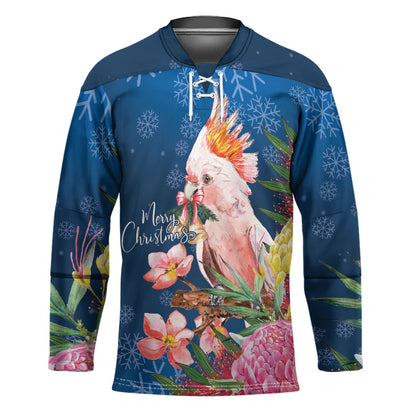 Australia Christmas Pink Cockatoo with Banksia Hockey Jersey Snowy Blue