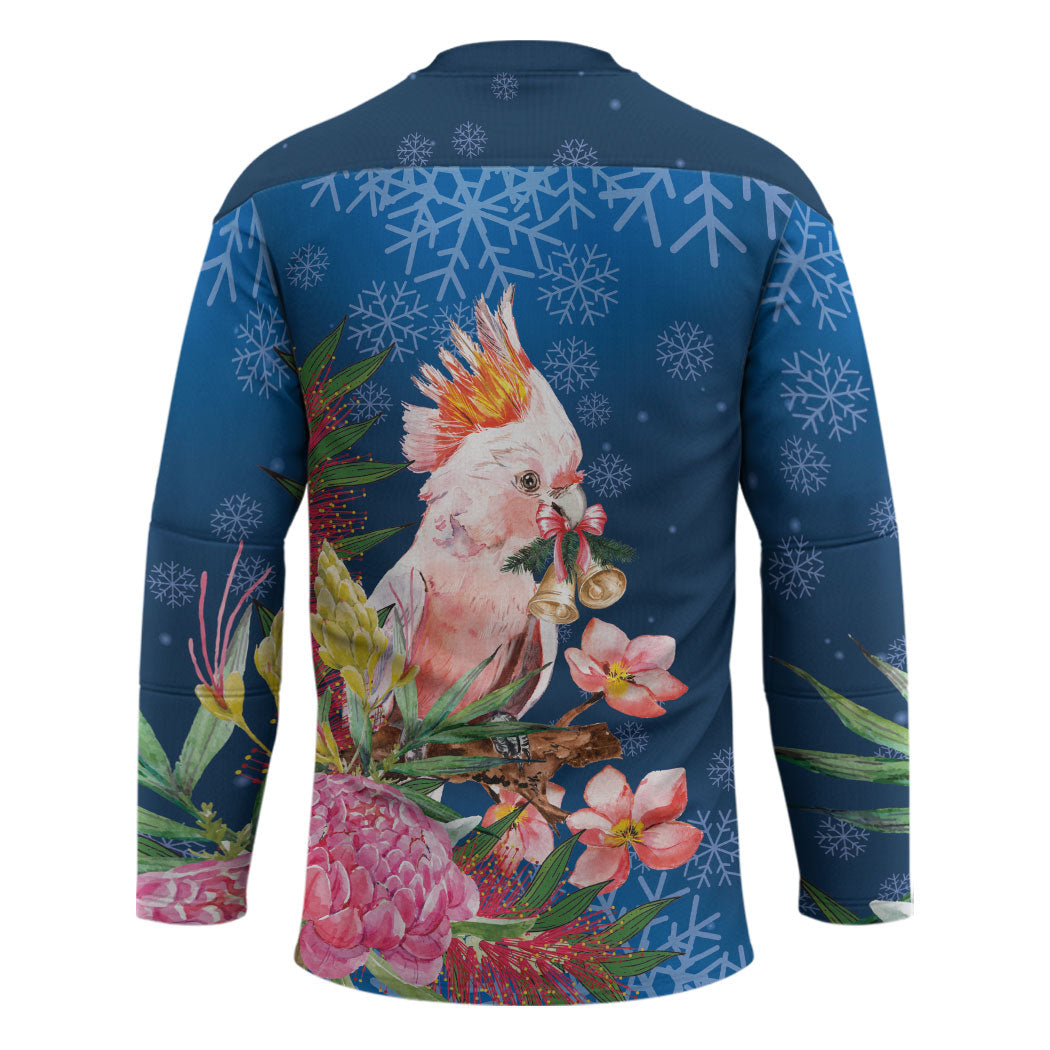 Australia Christmas Pink Cockatoo with Banksia Hockey Jersey Snowy Blue