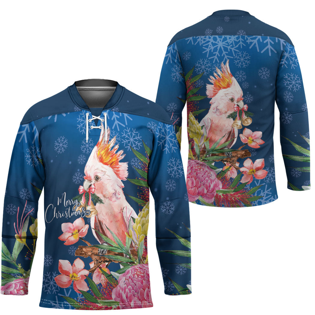 Australia Christmas Pink Cockatoo with Banksia Hockey Jersey Snowy Blue