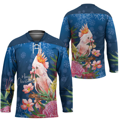 Australia Christmas Pink Cockatoo with Banksia Hockey Jersey Snowy Blue