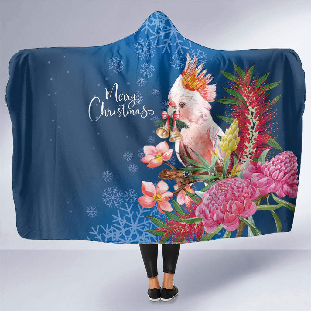 Australia Christmas Pink Cockatoo with Banksia Hooded Blanket Snowy Blue