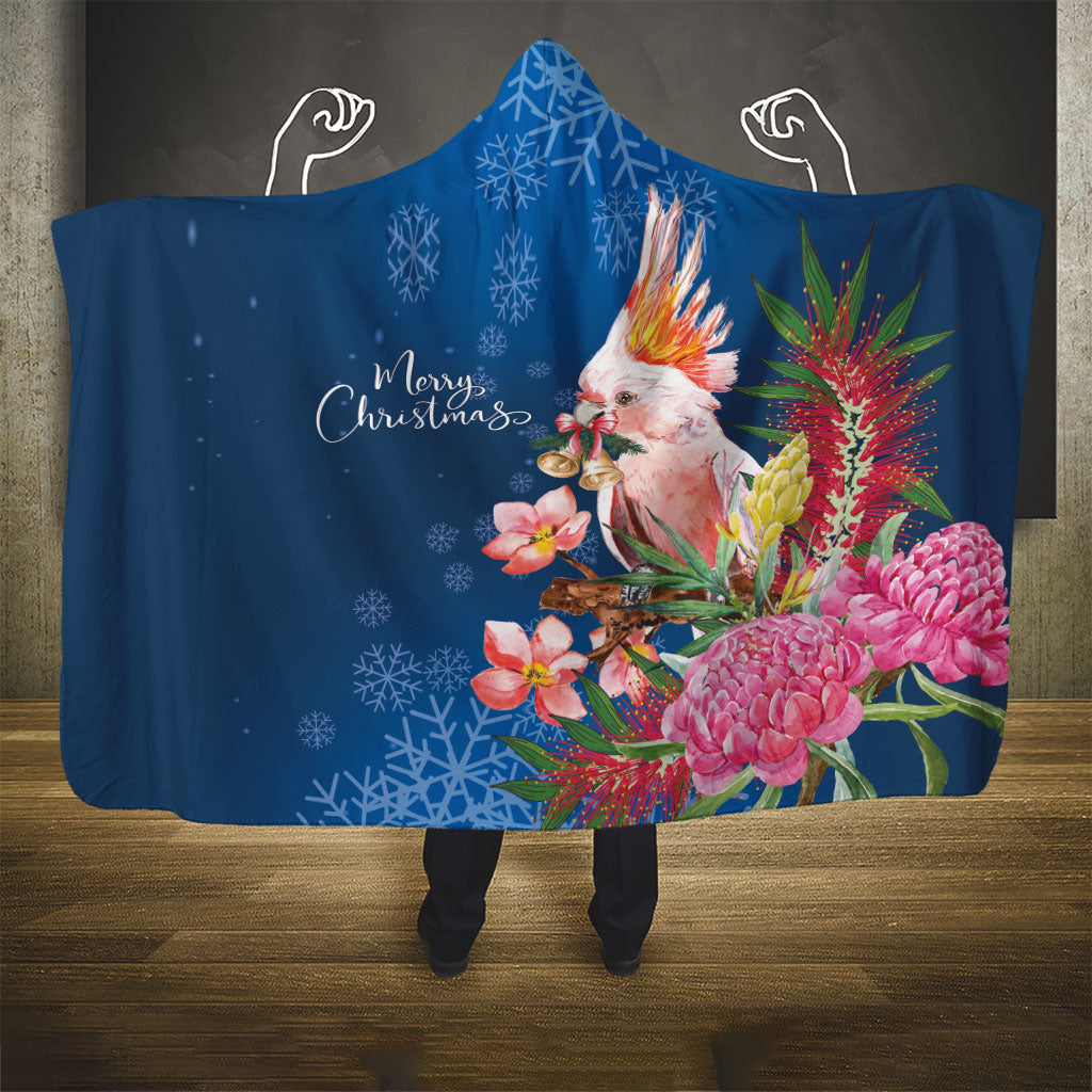 Australia Christmas Pink Cockatoo with Banksia Hooded Blanket Snowy Blue