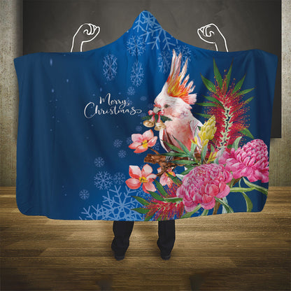 Australia Christmas Pink Cockatoo with Banksia Hooded Blanket Snowy Blue