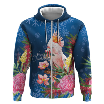 Australia Christmas Pink Cockatoo with Banksia Hoodie Snowy Blue