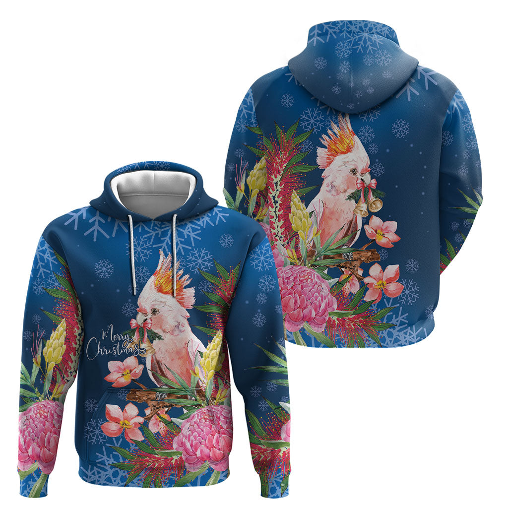 Australia Christmas Pink Cockatoo with Banksia Hoodie Snowy Blue