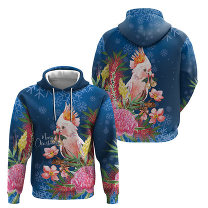 Australia Christmas Pink Cockatoo with Banksia Hoodie Snowy Blue