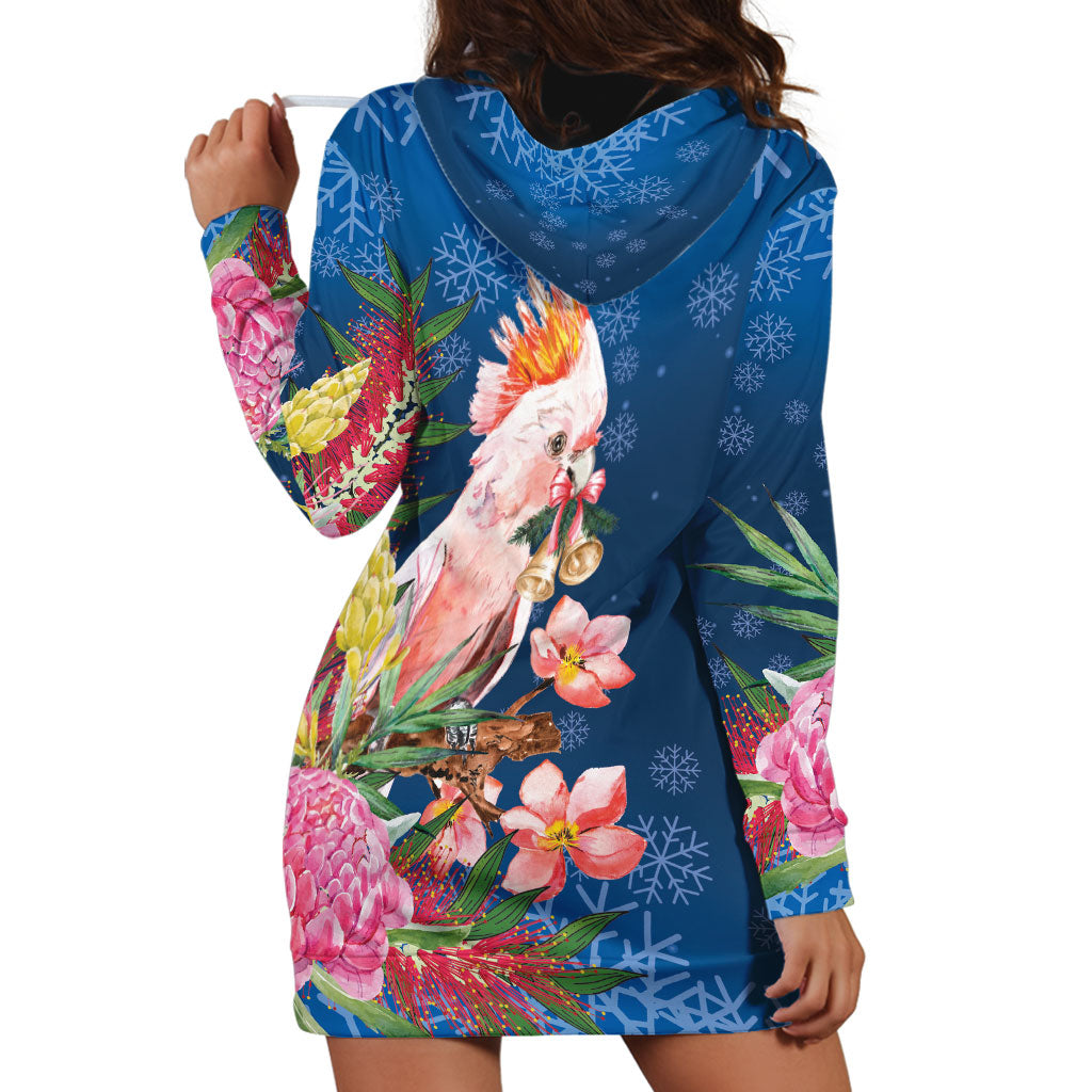 Australia Christmas Pink Cockatoo with Banksia Hoodie Dress Snowy Blue