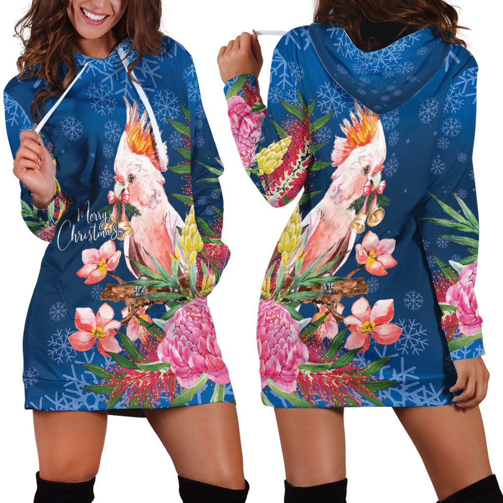 Australia Christmas Pink Cockatoo with Banksia Hoodie Dress Snowy Blue