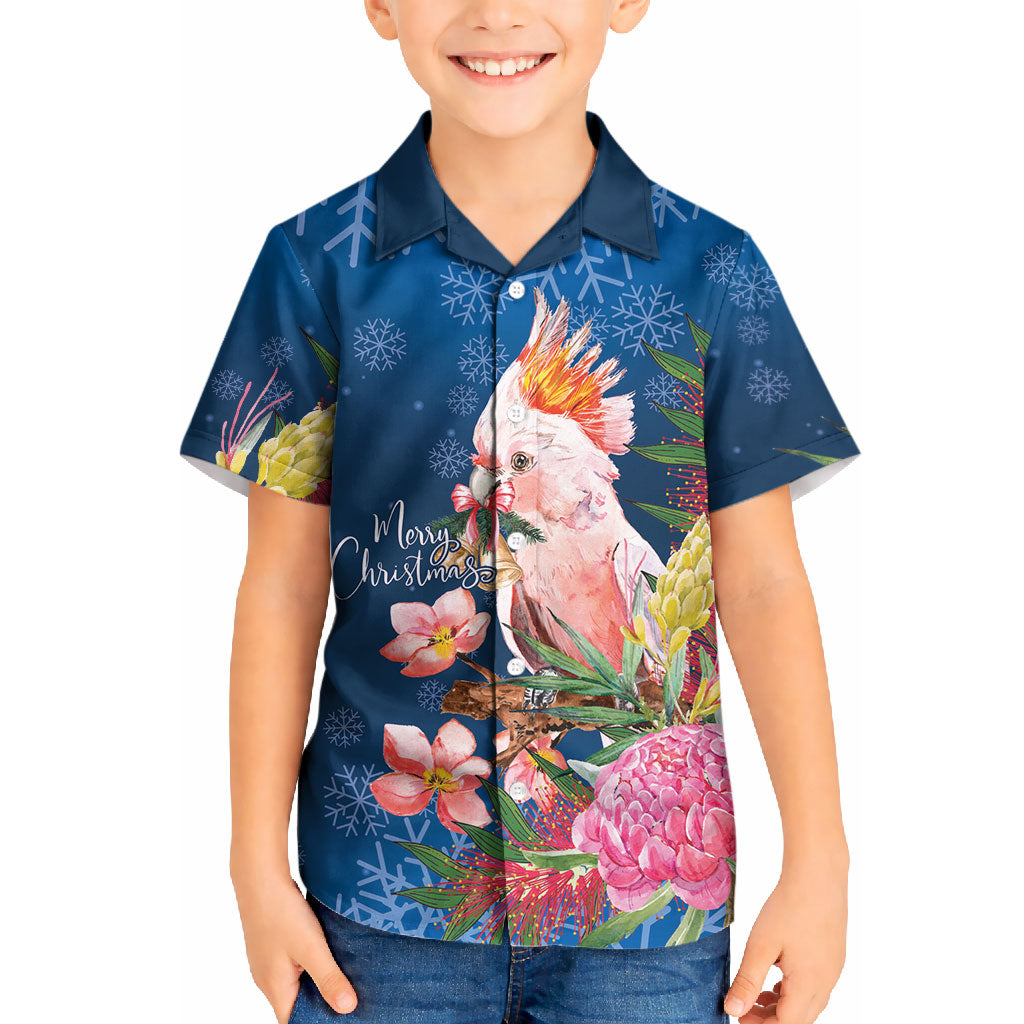 Australia Christmas Pink Cockatoo with Banksia Kid Hawaiian Shirt Snowy Blue
