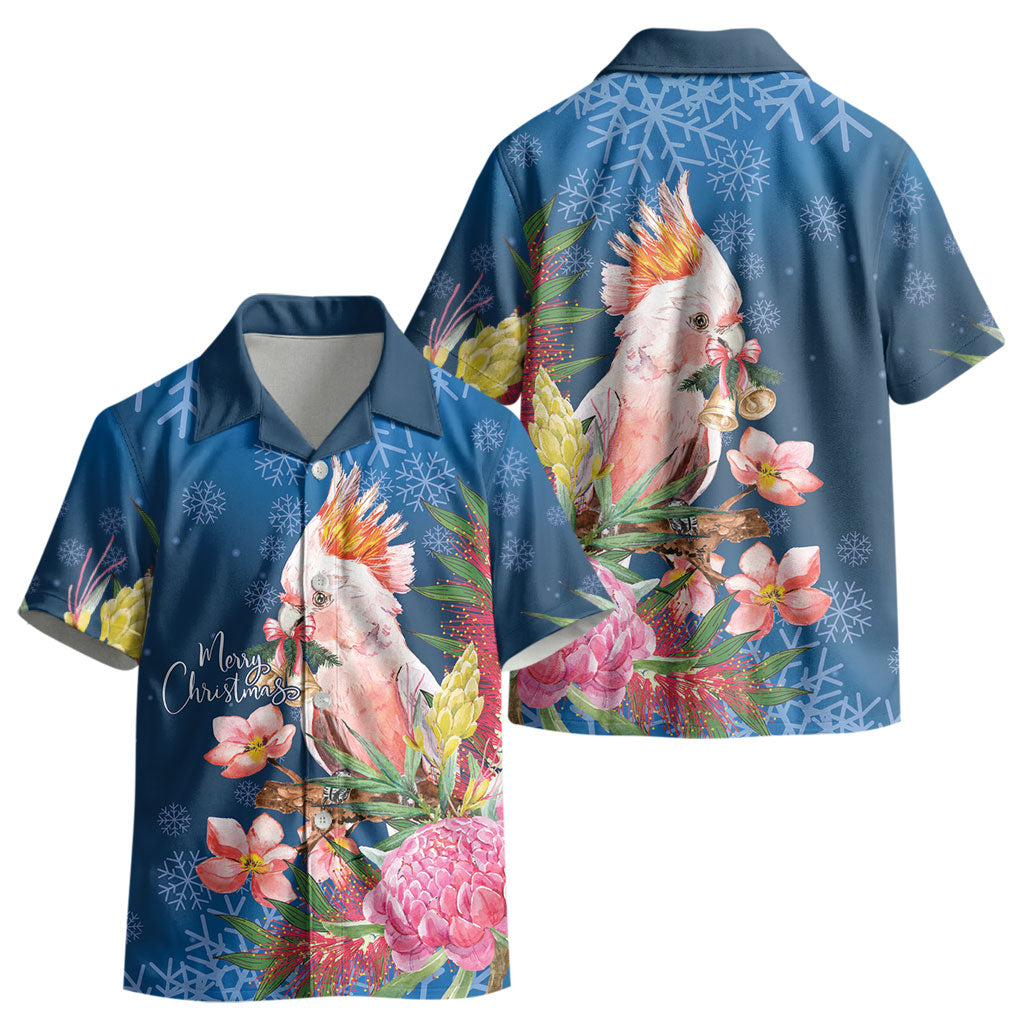 Australia Christmas Pink Cockatoo with Banksia Kid Hawaiian Shirt Snowy Blue