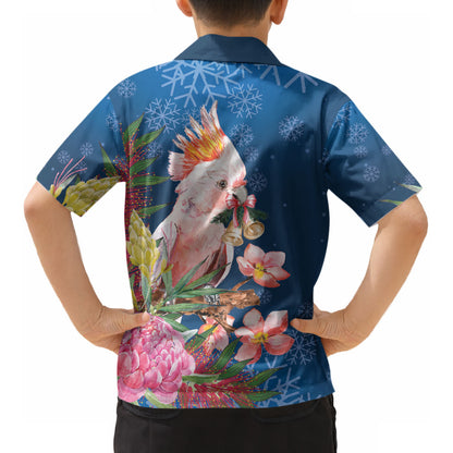 Australia Christmas Pink Cockatoo with Banksia Kid Hawaiian Shirt Snowy Blue