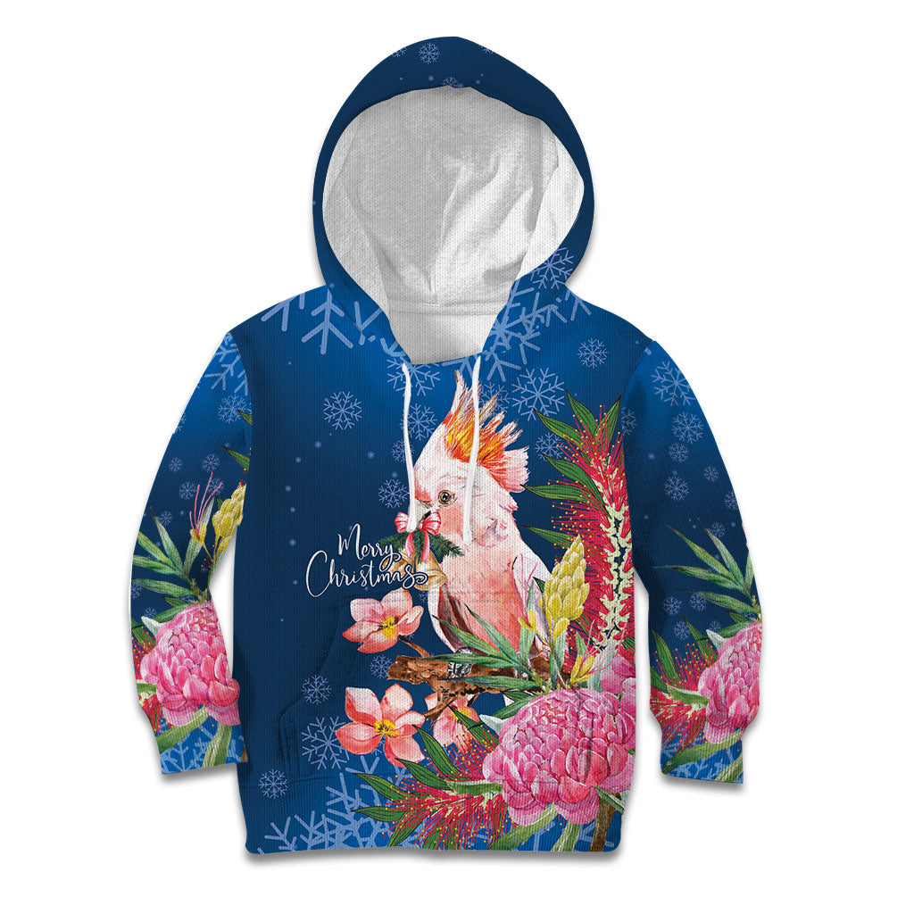 Australia Christmas Pink Cockatoo with Banksia Kid Hoodie Snowy Blue