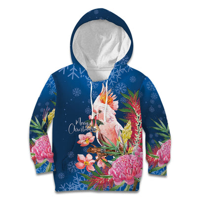 Australia Christmas Pink Cockatoo with Banksia Kid Hoodie Snowy Blue