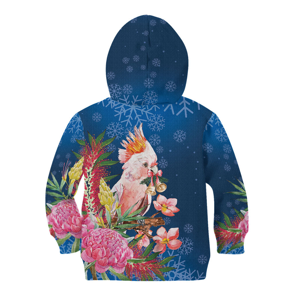 Australia Christmas Pink Cockatoo with Banksia Kid Hoodie Snowy Blue