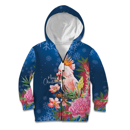 Australia Christmas Pink Cockatoo with Banksia Kid Hoodie Snowy Blue