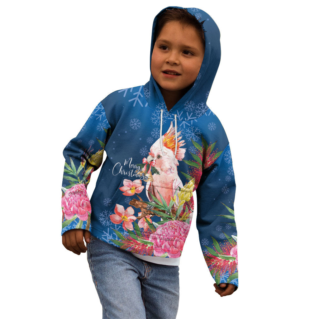 Australia Christmas Pink Cockatoo with Banksia Kid Hoodie Snowy Blue