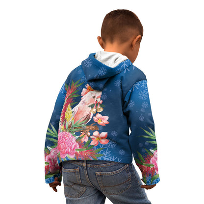 Australia Christmas Pink Cockatoo with Banksia Kid Hoodie Snowy Blue