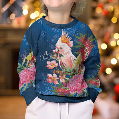 Australia Christmas Pink Cockatoo with Banksia Kid Ugly Christmas Sweater Snowy Blue