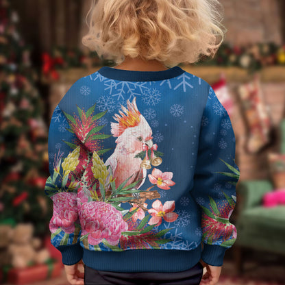 Australia Christmas Pink Cockatoo with Banksia Kid Ugly Christmas Sweater Snowy Blue