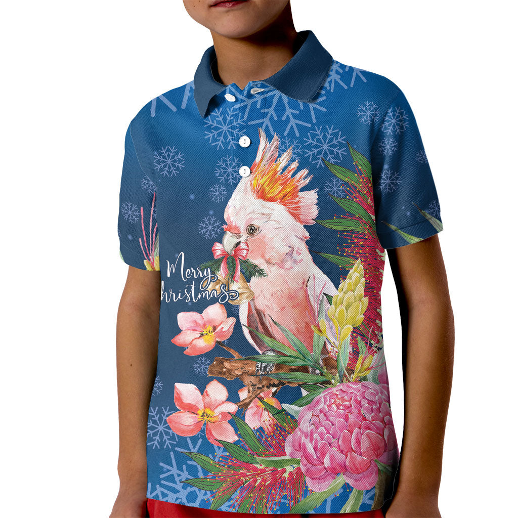 Australia Christmas Pink Cockatoo with Banksia Kid Polo Shirt Snowy Blue