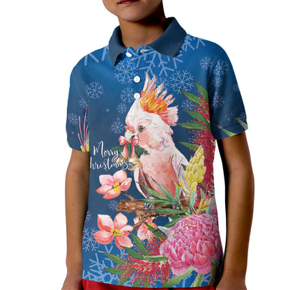 Australia Christmas Pink Cockatoo with Banksia Kid Polo Shirt Snowy Blue
