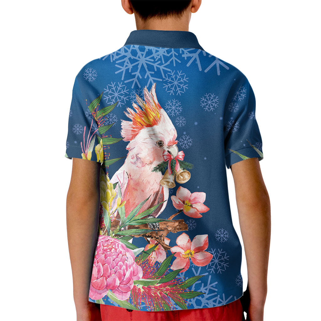Australia Christmas Pink Cockatoo with Banksia Kid Polo Shirt Snowy Blue