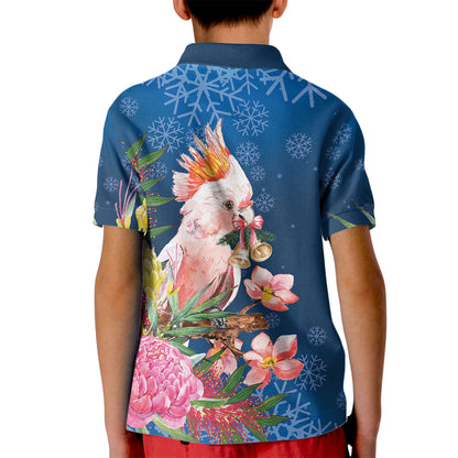 Australia Christmas Pink Cockatoo with Banksia Kid Polo Shirt Snowy Blue