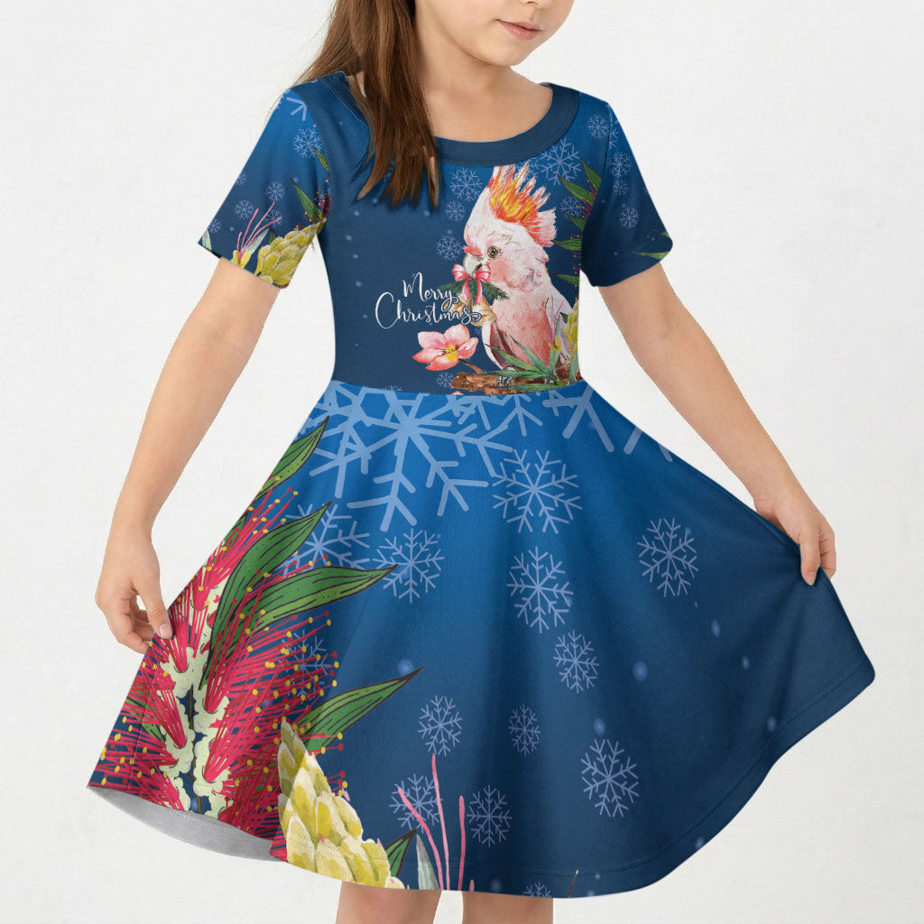 Australia Christmas Pink Cockatoo with Banksia Kid Short Sleeve Dress Snowy Blue