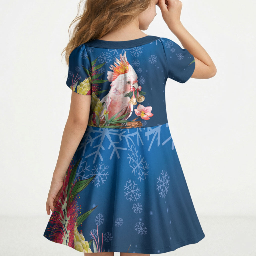 Australia Christmas Pink Cockatoo with Banksia Kid Short Sleeve Dress Snowy Blue