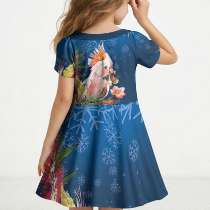 Australia Christmas Pink Cockatoo with Banksia Kid Short Sleeve Dress Snowy Blue