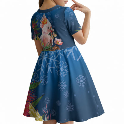 Australia Christmas Pink Cockatoo with Banksia Kid Short Sleeve Dress Snowy Blue