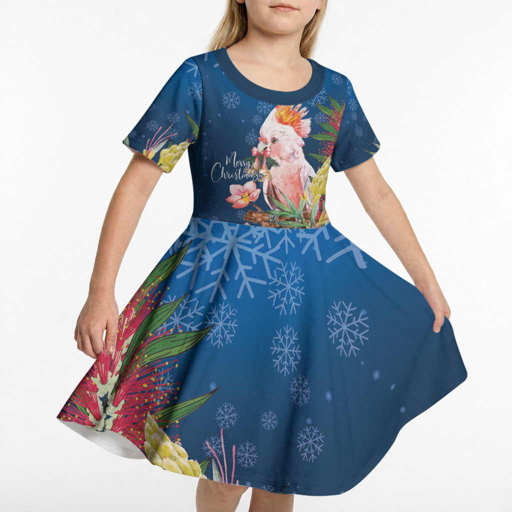 Australia Christmas Pink Cockatoo with Banksia Kid Short Sleeve Dress Snowy Blue