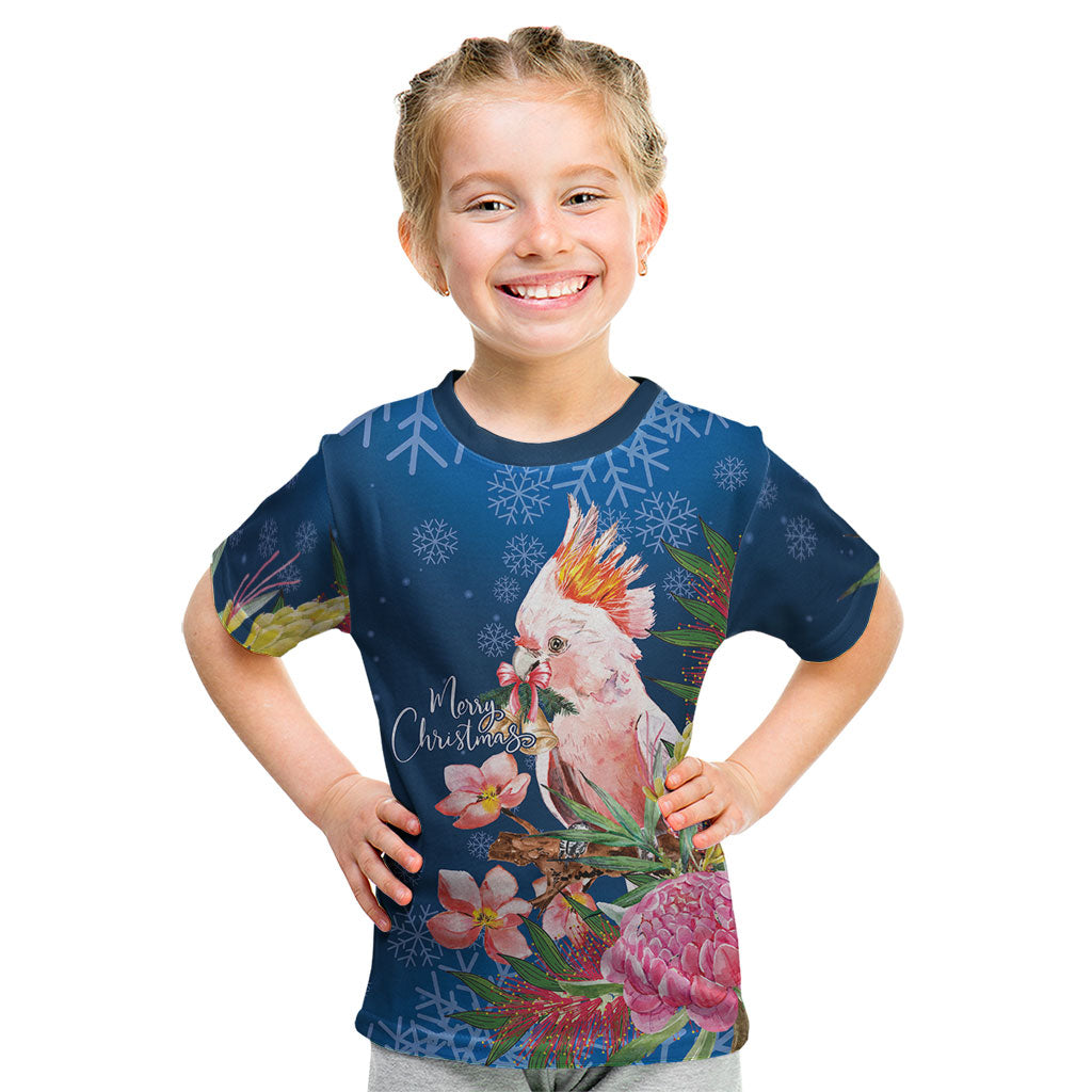 Australia Christmas Pink Cockatoo with Banksia Kid T Shirt Snowy Blue