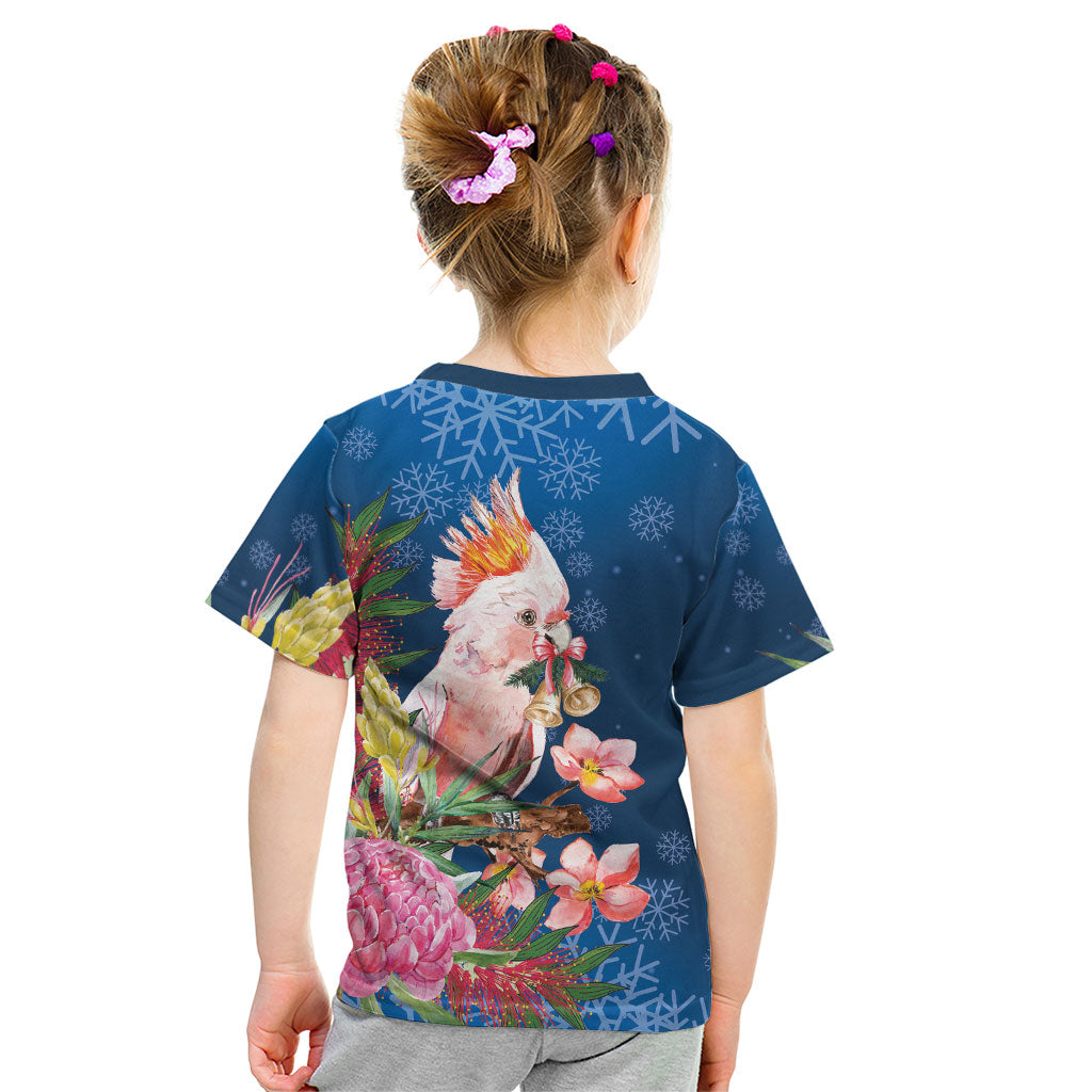 Australia Christmas Pink Cockatoo with Banksia Kid T Shirt Snowy Blue